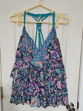 Catalina Navy Paisley Floral Swim Top with Teal Straps